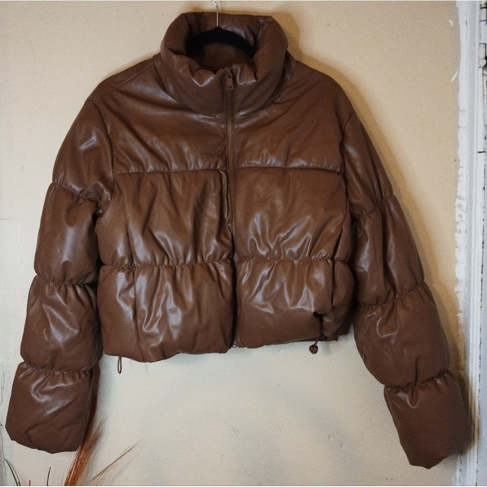 Ci Sono by Cavalini Chocolate Brown Faux Leather Puffer Jacket XL PUJK489